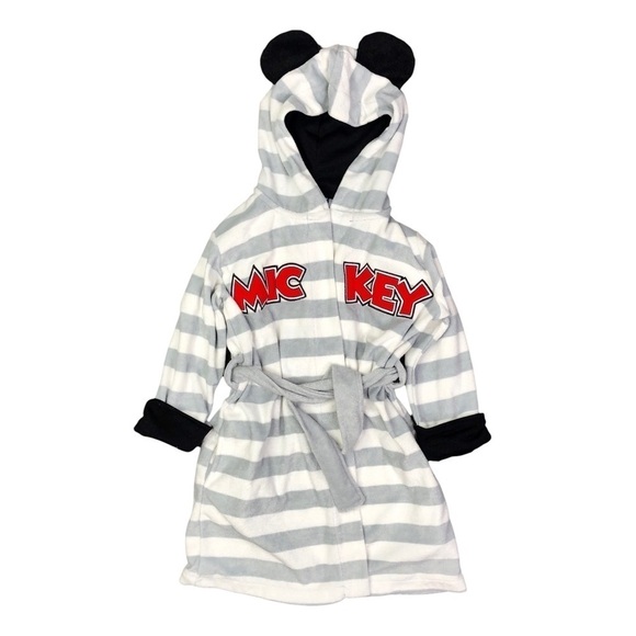 Disney Mickey bathrobe hood with ears and pockets grey white striped terrycloth - Picture 1 of 4
